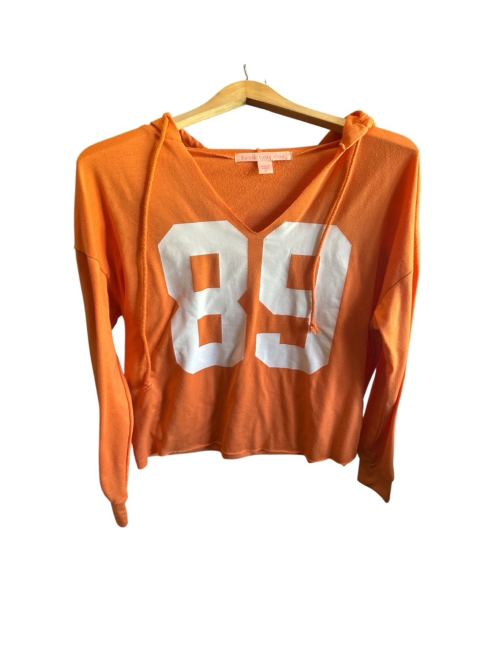 Rebellious One Orange V-Neck Hoodie with White '89' Graphic Sporty Long Sleeve